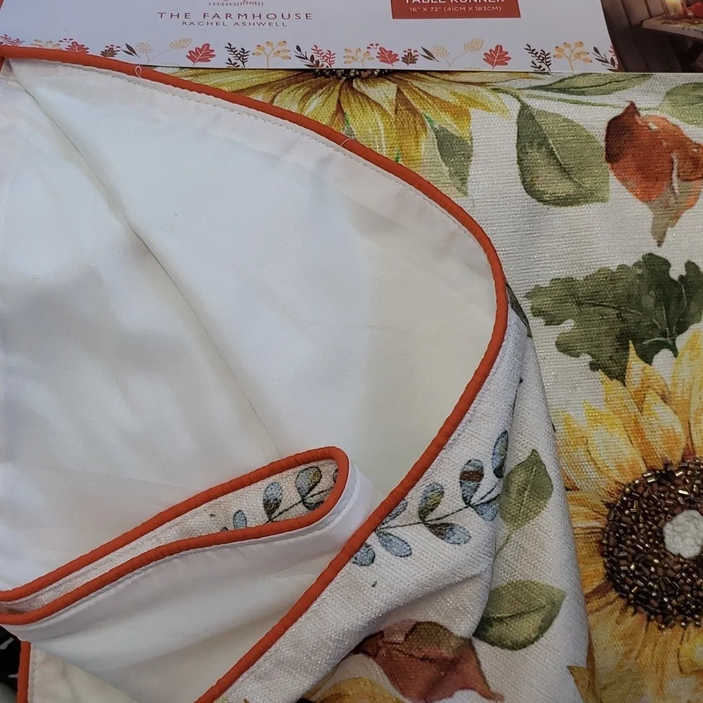 The Farmhouse Rachel Ashwell 72 x 16 Beaded Sunflower Fringed Table Runner